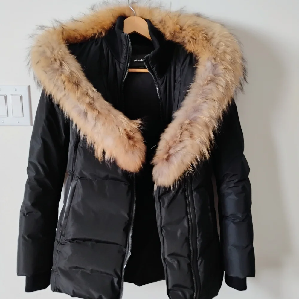 Mackage Black Puffer Jacket with Tan Fur-Trimmed Hood - Picture 1 of 5